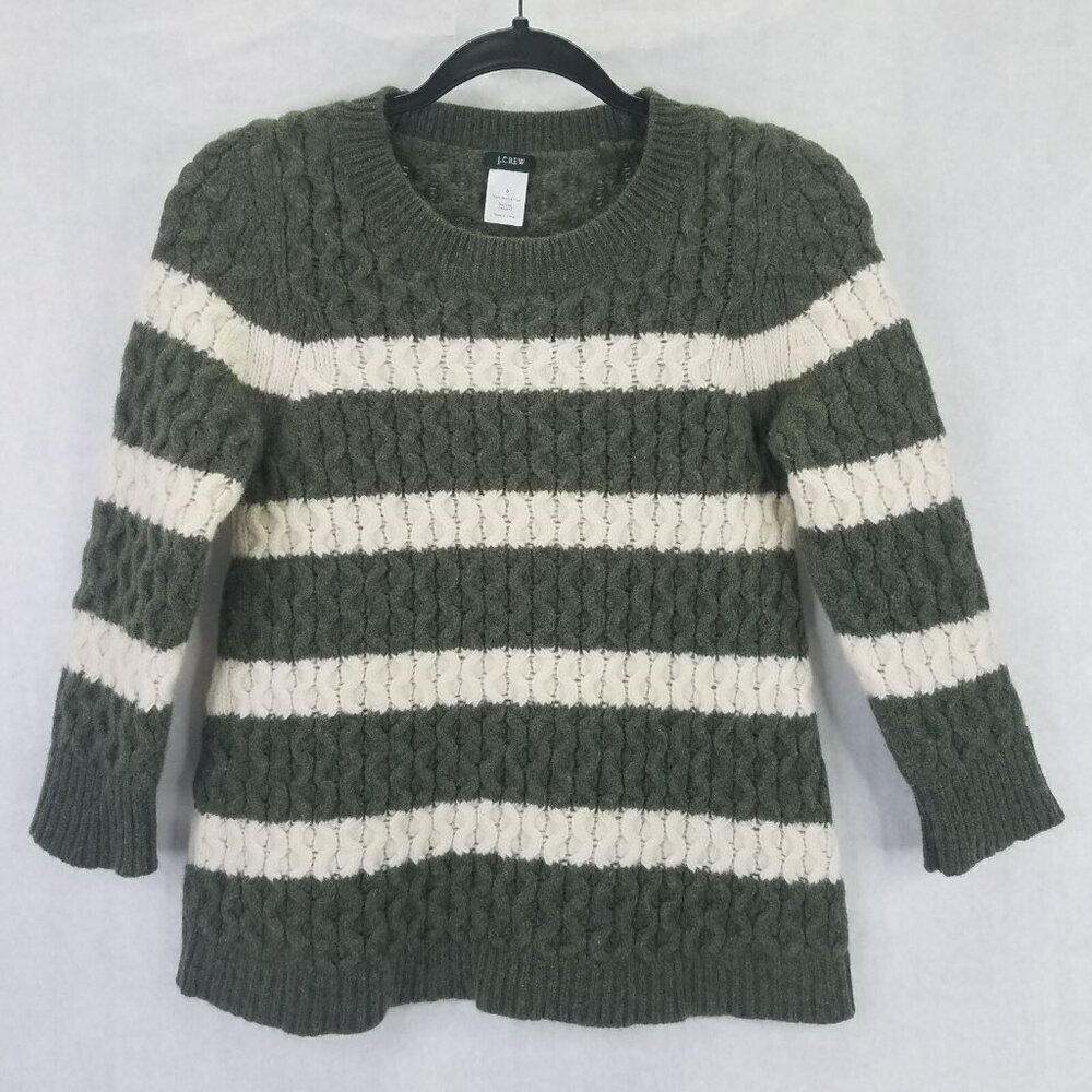 J Crew Chunky Cable Knit Sweater Womens S Merino Wool Green White Striped Preppy